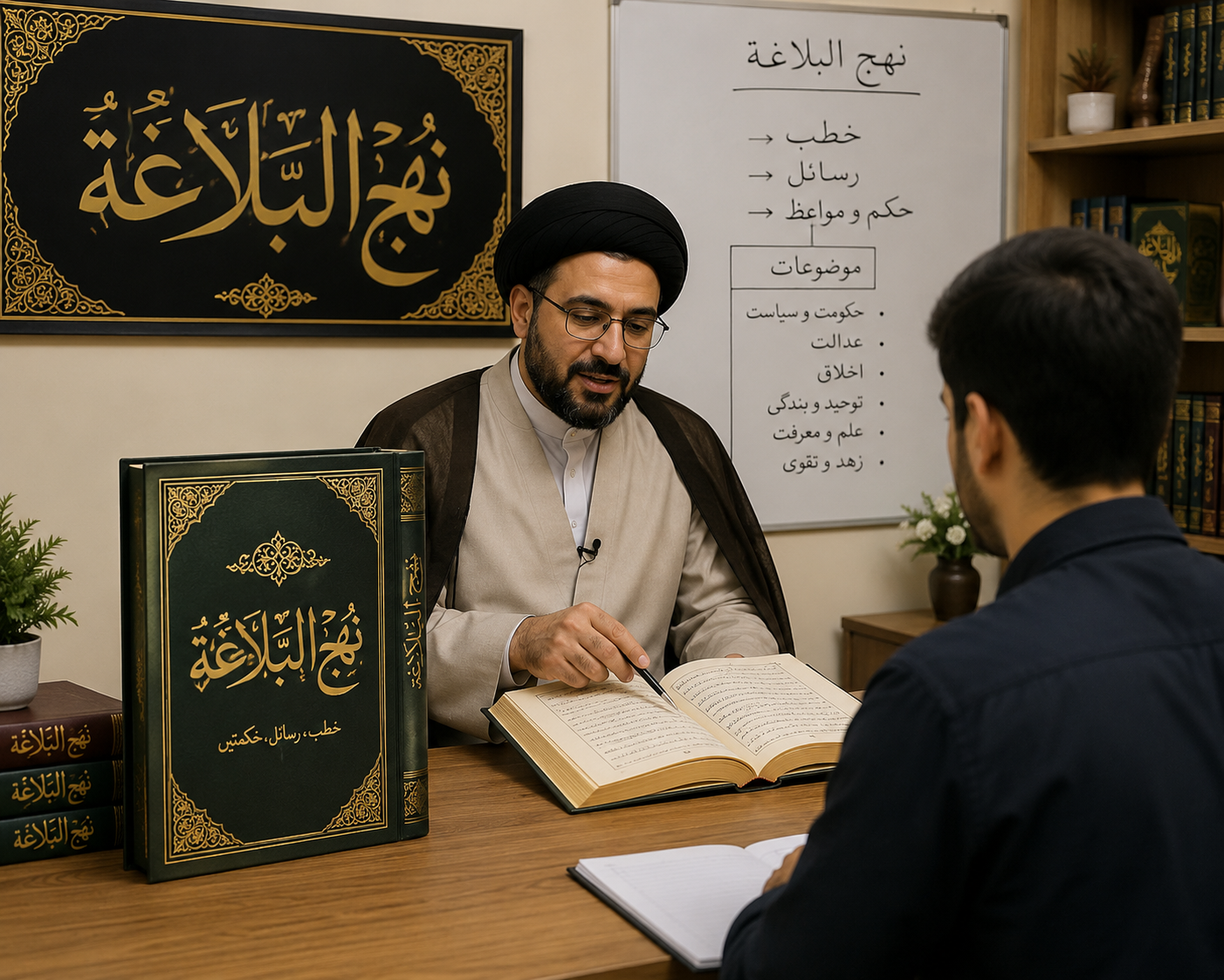 Qualified Shia teacher teaching Nahjul Balagha online to a student during a one-on-one live class at Al Mehdi Quran Center.