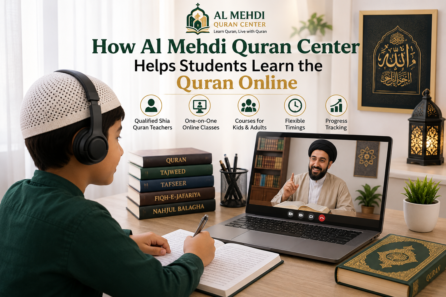 A live one-on-one online Quran class at Al Mehdi Quran Center, where a qualified Shia Quran teacher guides a student in Quran reading, Tajweed, and Islamic learning.