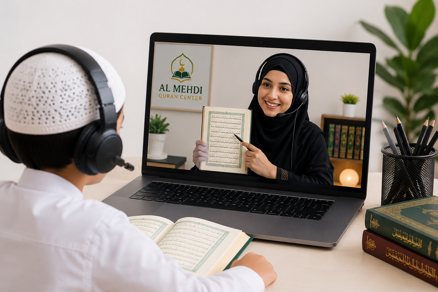 Online Quran class showing a teacher guiding a student in Quran reading and Tajweed from home.